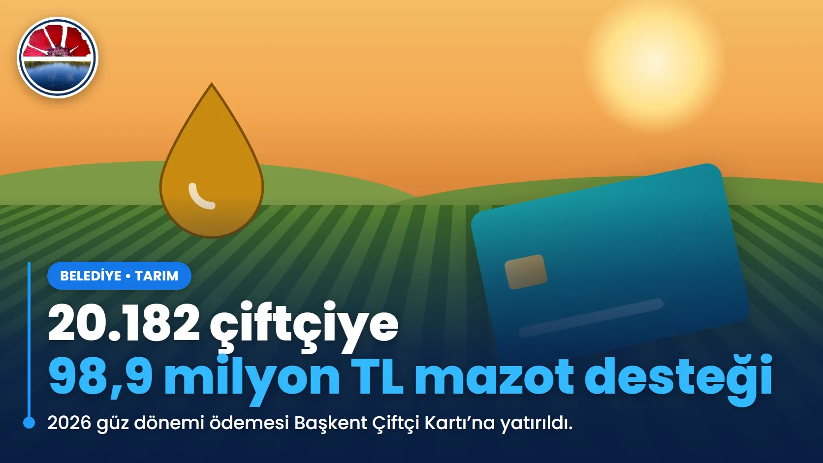 Tarla, yakıt damlası ve banka kartı çizimiyle mazot desteği temsili görseli