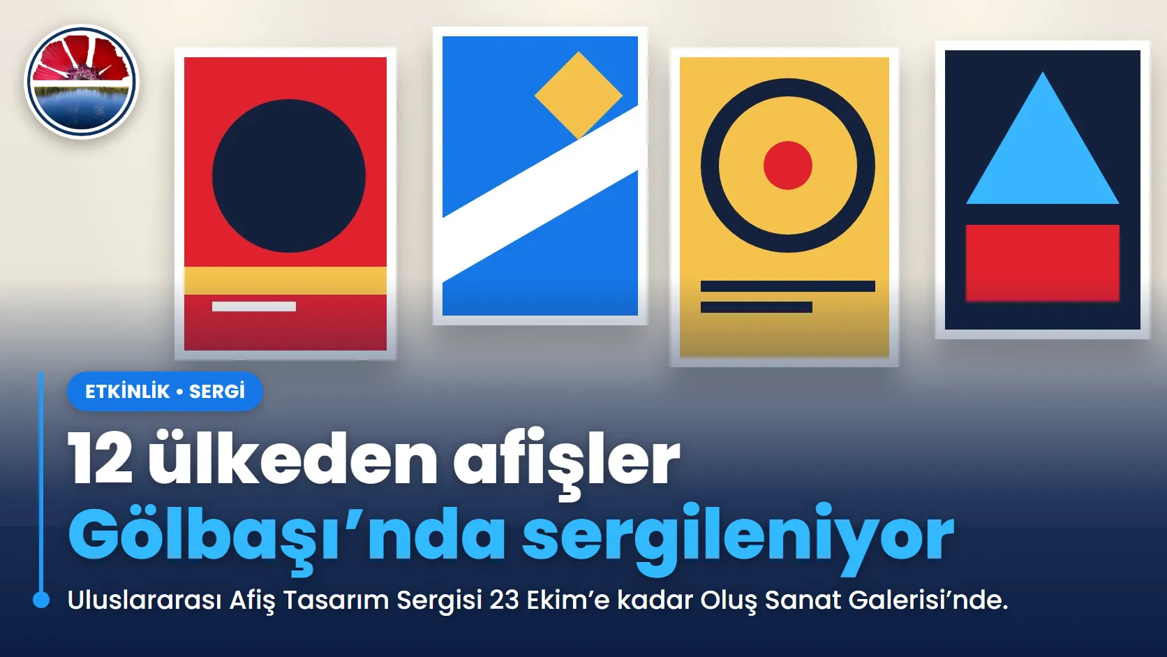 Galeri duvarında asılı renkli soyut afiş tasarımları, temsili çizim