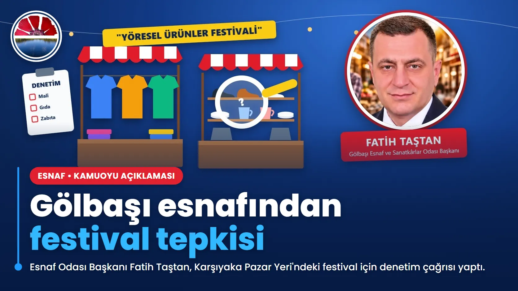 Pazar tezgâhlarında satılan tekstil ve züccaciye ürünlerini ve denetim listesini gösteren temsili çizim ile Esnaf Odası Başkanı Fatih Taştan